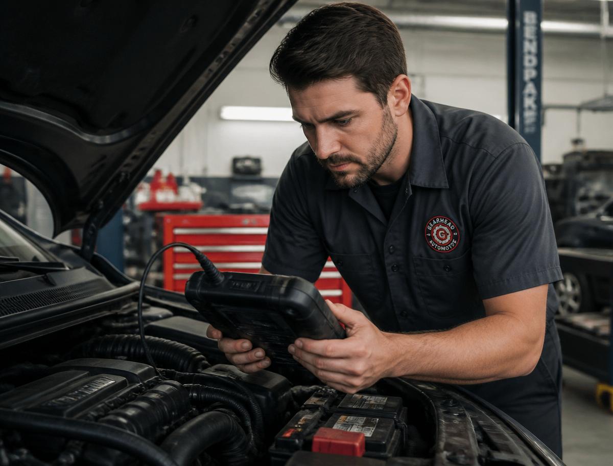 Mechanic performing vehicle diagnostics