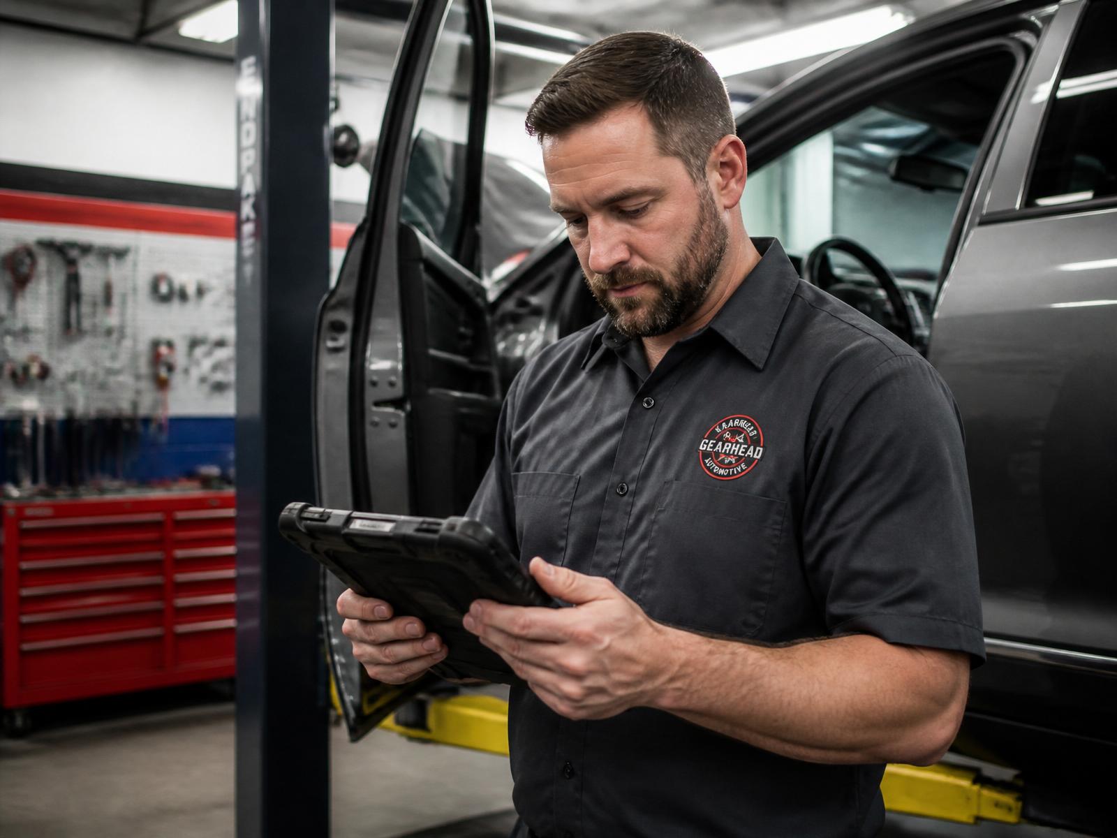 ASE-certified mechanic working on a vehicle at Gearhead Automotive service bay